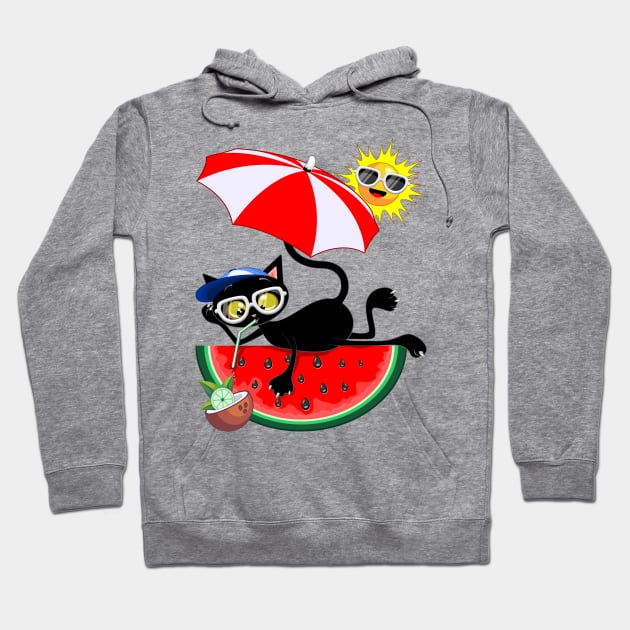 Cat Cartoon and Juicy Watermelon Summertime Chill Humorous Character Hoodie by BluedarkArt